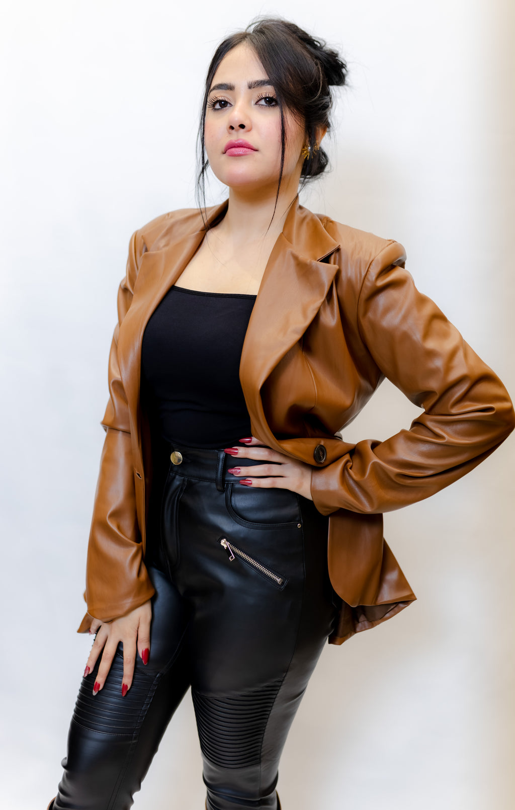 Camel Faux Leather Blazer