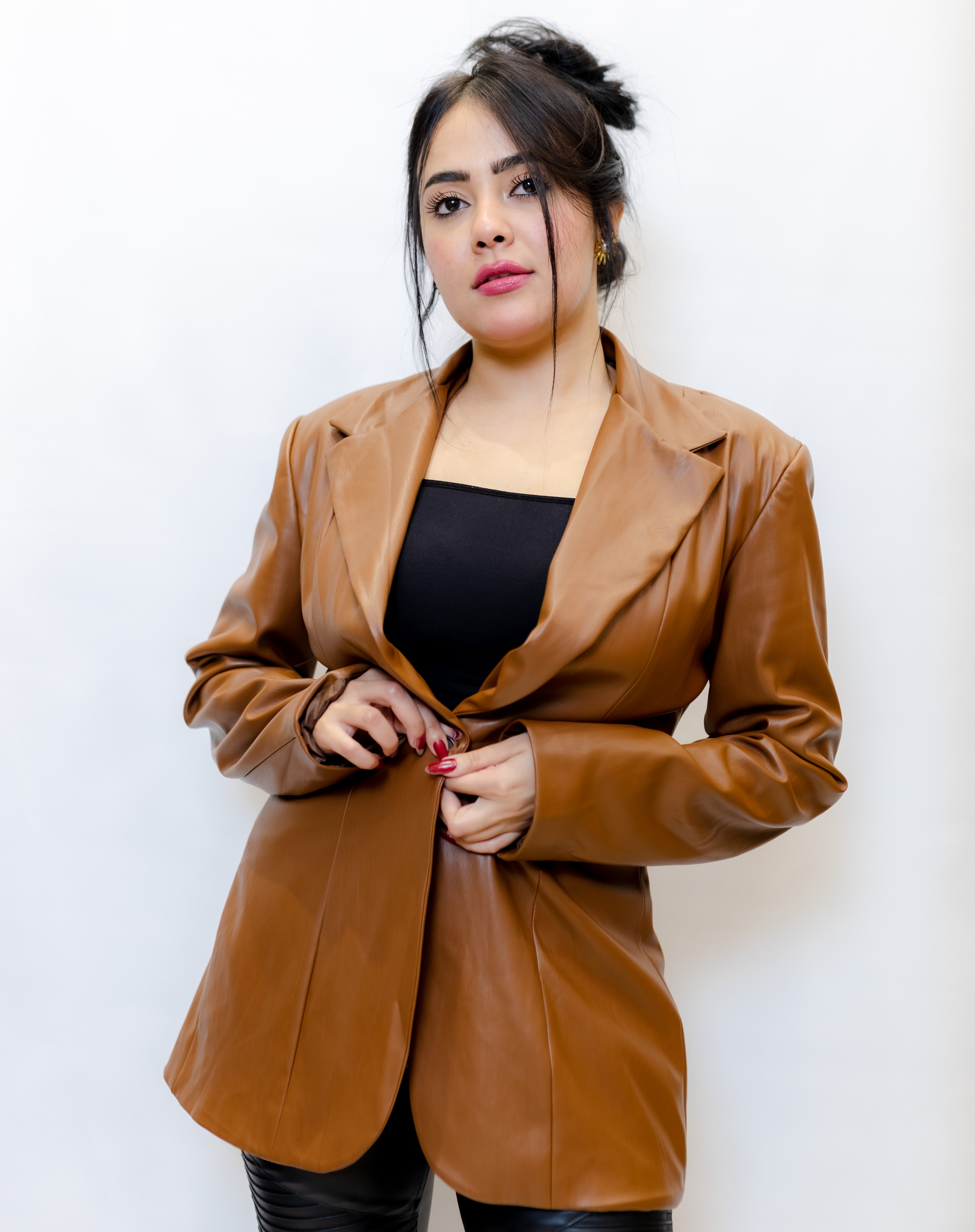 Camel Faux Leather Blazer
