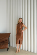 Sleeveless Faux Leather Midi Dress – Brown