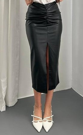 High-Waist Faux Leather Midi Skirt with Front Slit – Black
