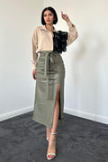 High-Waist Faux Leather Skirt with Tie Waist & Side Slit