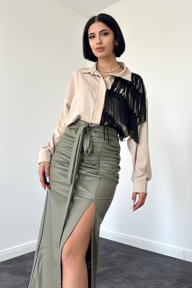 High-Waist Faux Leather Skirt with Tie Waist & Side Slit
