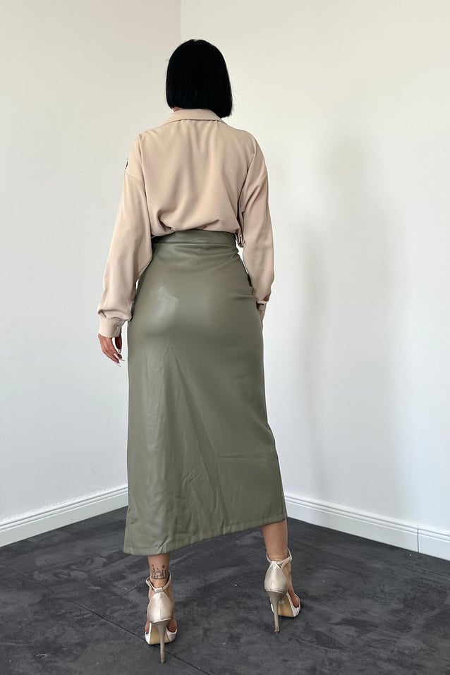 High-Waist Faux Leather Skirt with Tie Waist & Side Slit
