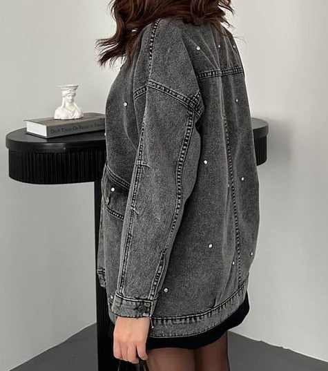 Oversized Washed Black Denim Jacket with Stud Details
