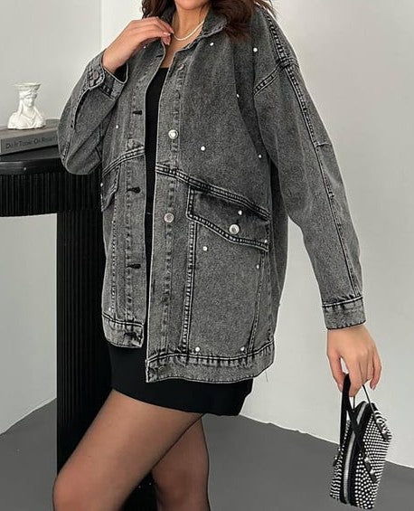 Oversized Washed Black Denim Jacket with Stud Details