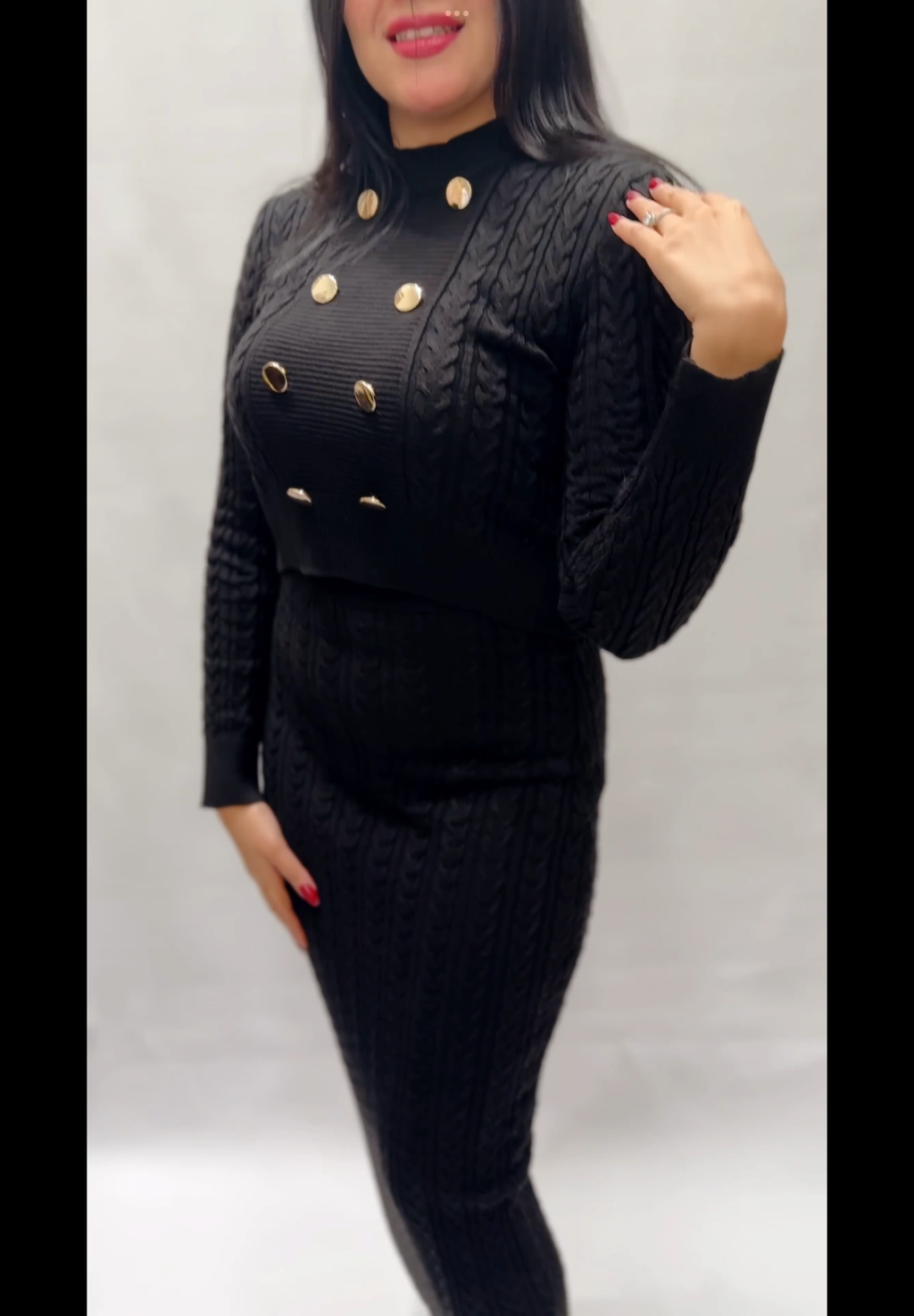 Black Ribbed Two-Piece Set with Gold Buttons