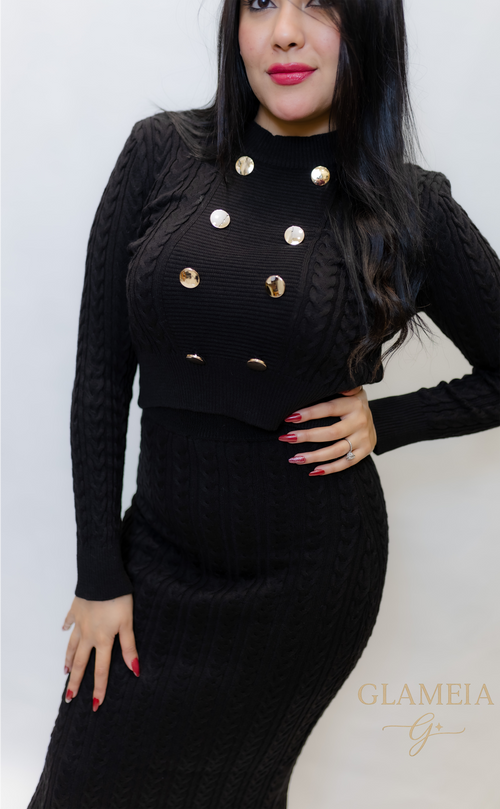 Black Ribbed Two-Piece Set with Gold Buttons