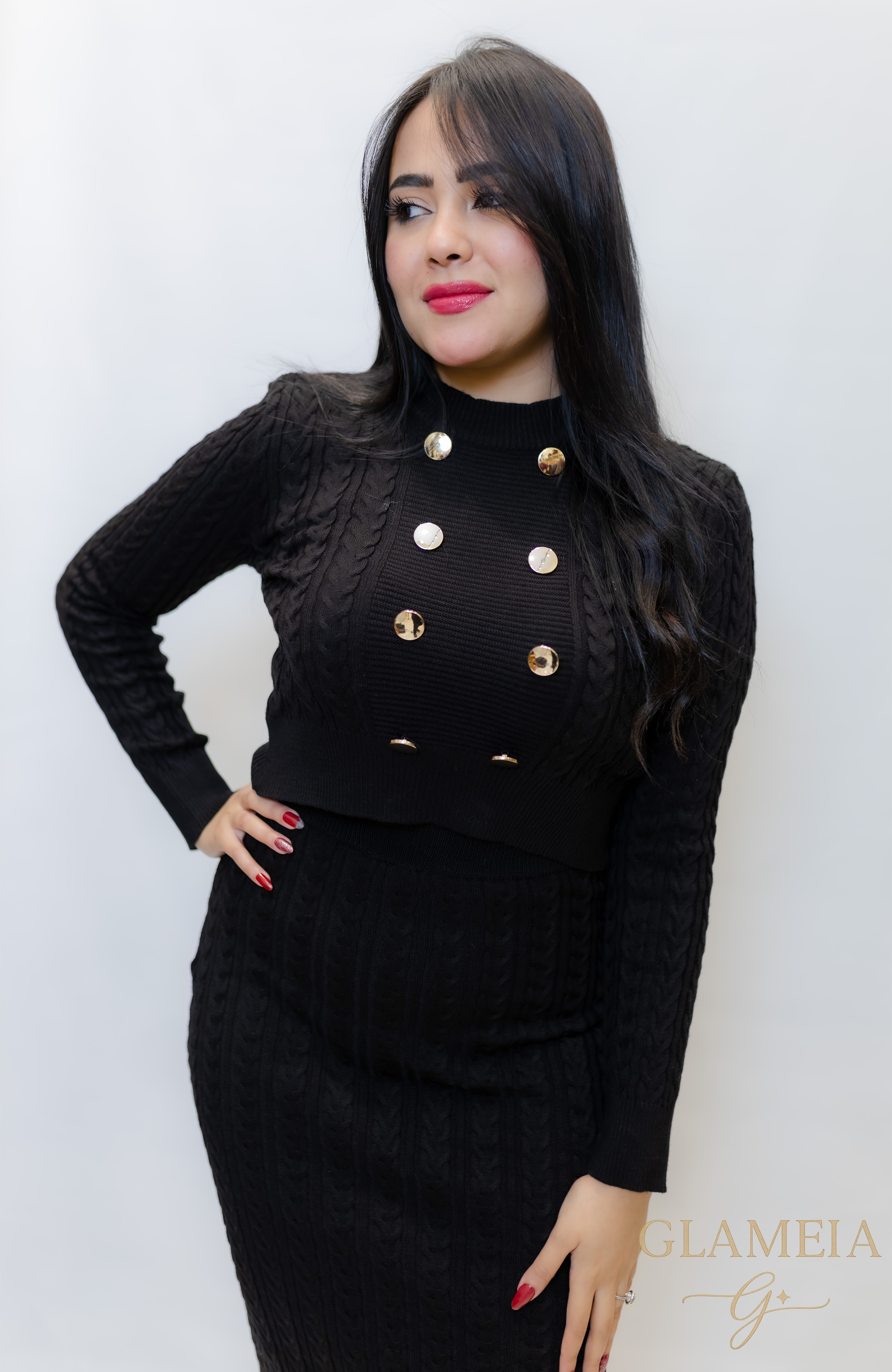 Black Ribbed Two-Piece Set with Gold Buttons