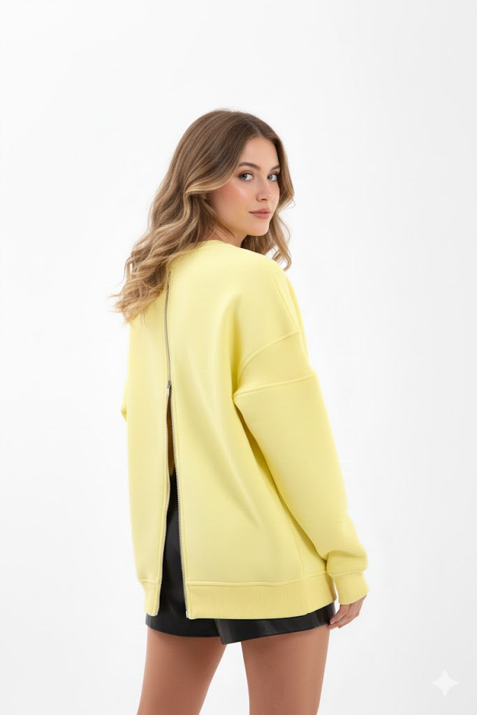 Oversized Yellow Sweatshirt with Back Zipper