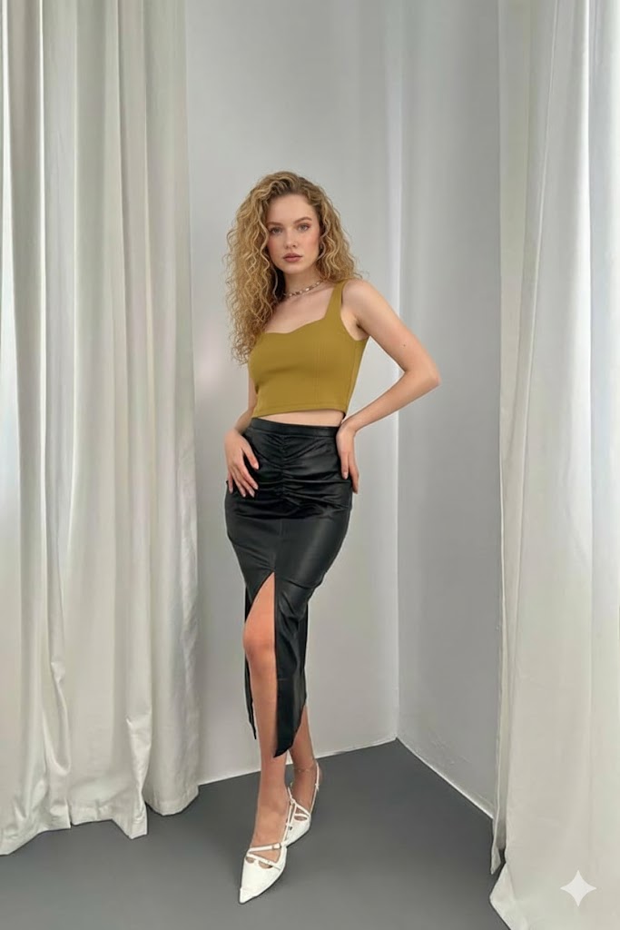 High-Waist Faux Leather Midi Skirt with Front Slit – Black