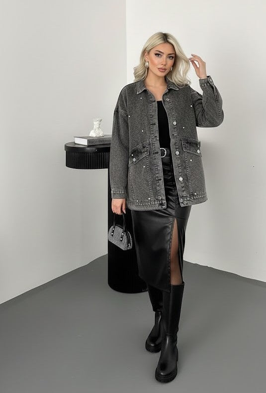 Oversized Washed Black Denim Jacket with Stud Details
