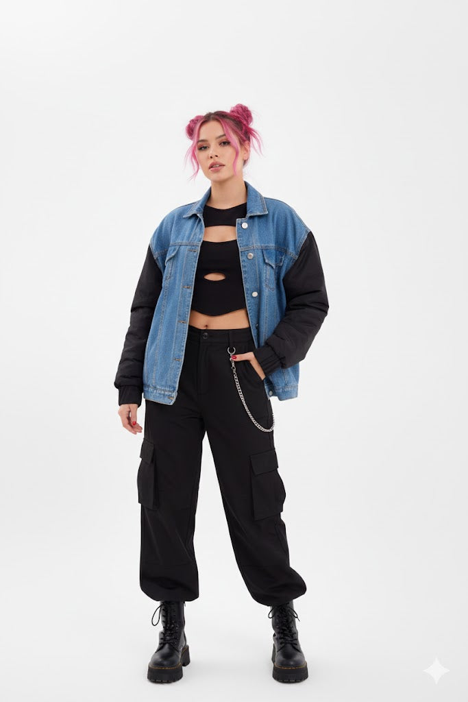 Denim Jacket with Black Contrast Sleeves