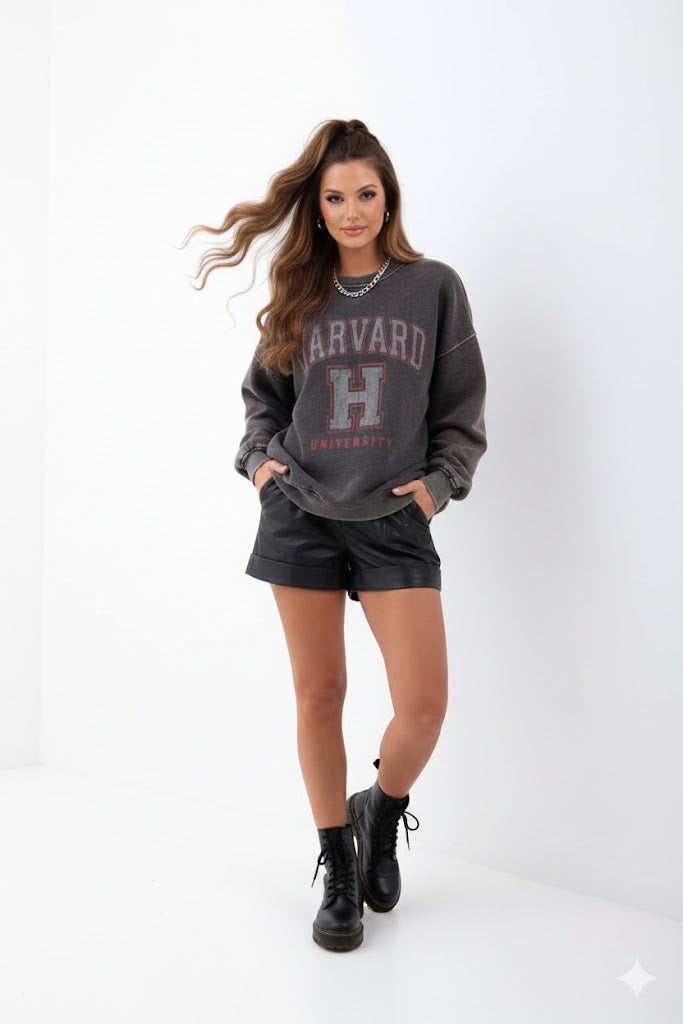 Oversized Harvard Graphic Sweatshirt – Vintage Wash